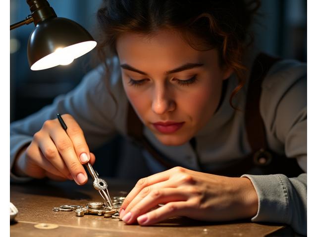 Portrait of a focused female apprentice horologist delicately positioning a tiny gear into a watch movement, illuminated by a task lamp.