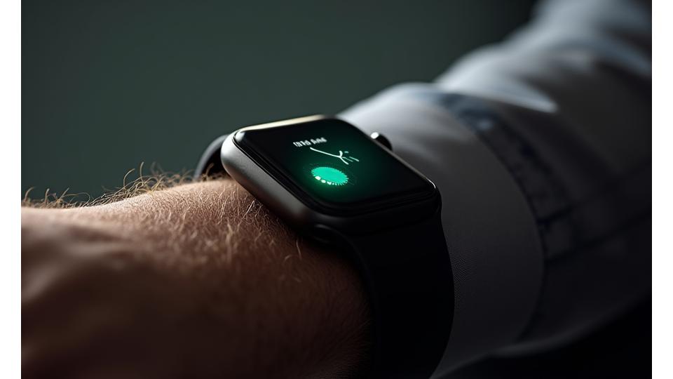 Luxury smartwatch band with a subtle sensor, showing a graphical representation of health metrics like heart rate or stress levels on its screen