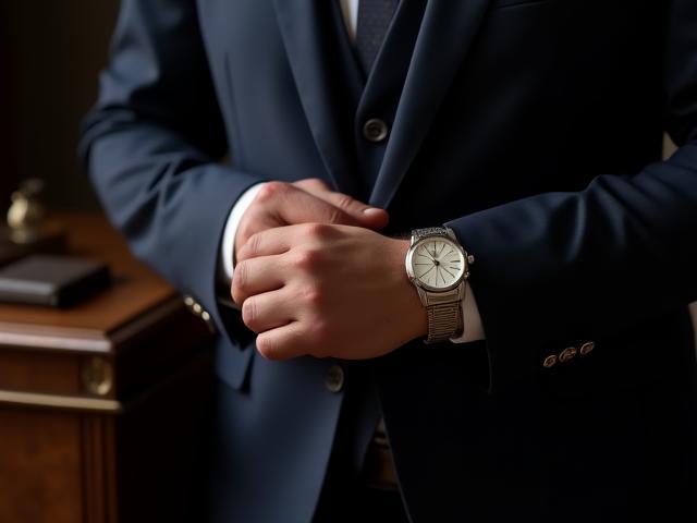 A discerning gentleman wearing a luxury watch and exquisitely matched accessories like cufflinks and a belt, conveying sophisticated style.