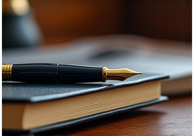 Polished fountain pen and luxurious leather notebook on a mahogany desk, evoking intellectual pursuits.