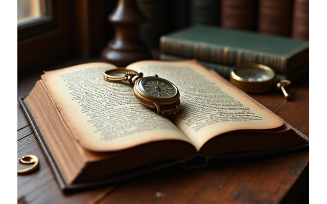 An open, aged leather bound book with an antique compass and a vintage watch resting on it, suggesting historical narratives and significant journeys.