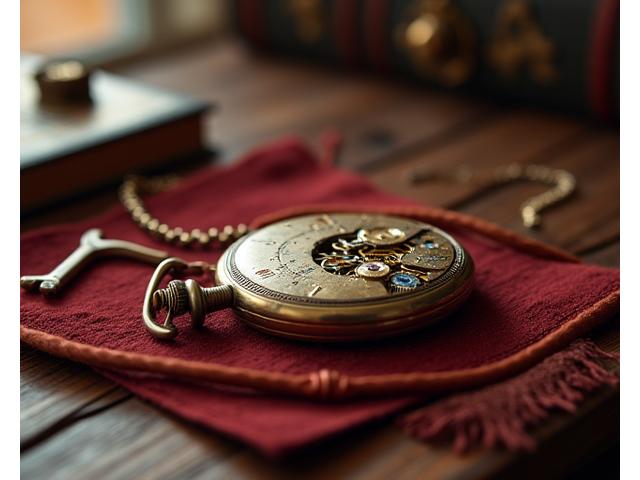 Artistic shot of an antique pocket watch being carefully restored, with a blurred background of watchmaking tools and a gentle, warm light.