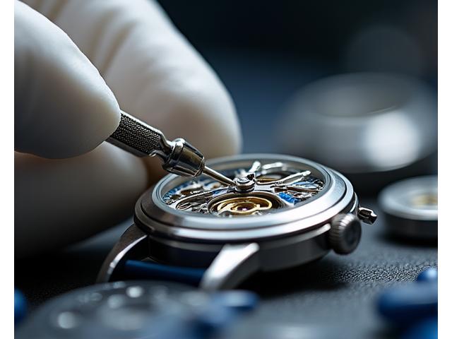 Close-up of a master watchmaker's hands meticulously working on a luxury watch movement with specialized tools under bright, focused light.